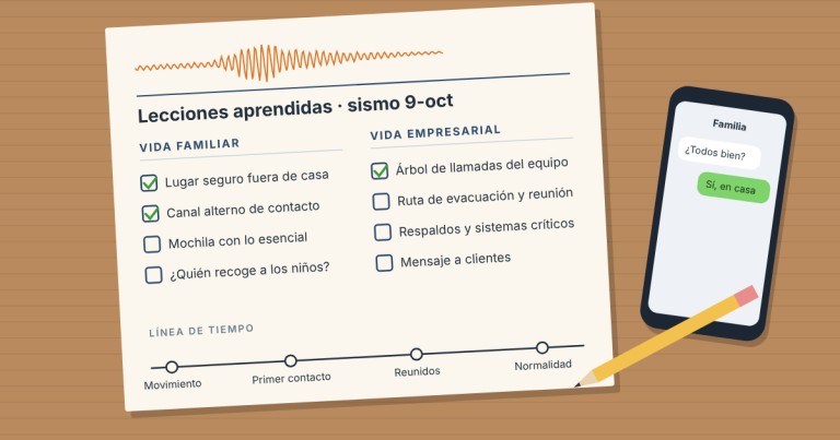 Hoja de lecciones aprendidas del sismo del 9 de octubre en Panamá, con acciones para la vida familiar y la vida empresarial, junto a un teléfono con un chat familiar