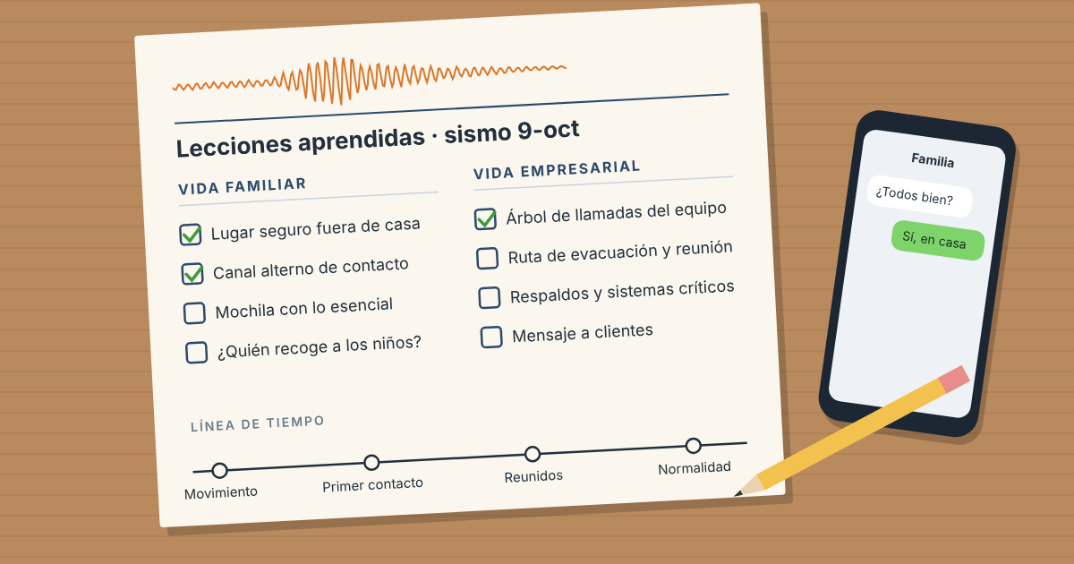 Hoja de lecciones aprendidas del sismo del 9 de octubre en Panamá, con acciones para la vida familiar y la vida empresarial, junto a un teléfono con un chat familiar